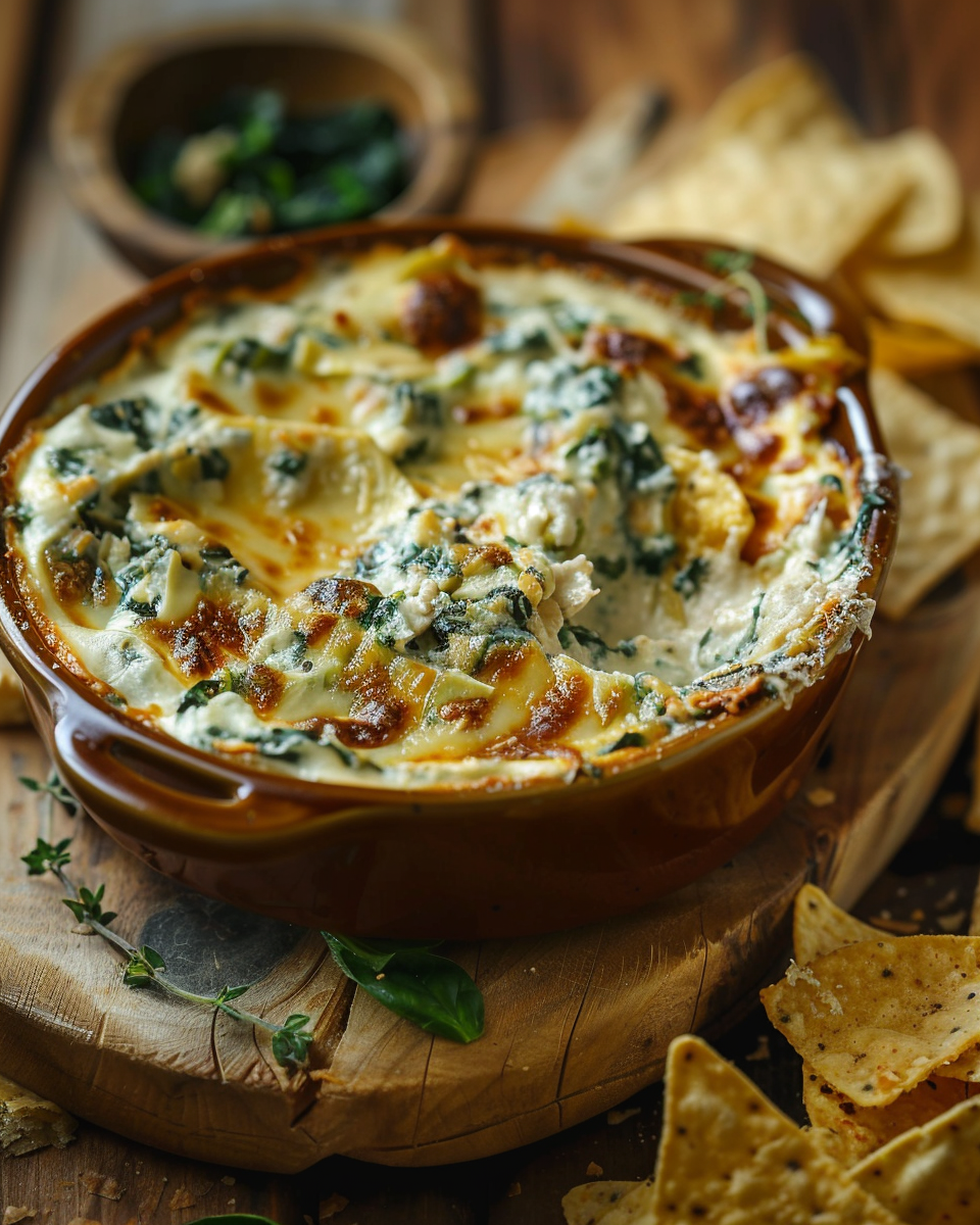 A rustic dish of vegan spinach and artichoke dip with a golden baked top, served with tortilla chips and bread