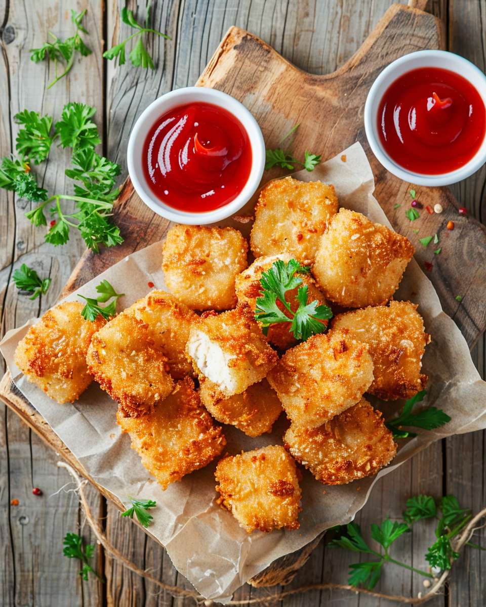 Golden breaded vegan tofu nuggets baked until crispy, served on parchment paper with ketchup and dips