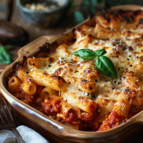A rustic baking dish filled with vegan baked ziti layered with tomato sauce and creamy cashew cheese, garnished with basil
