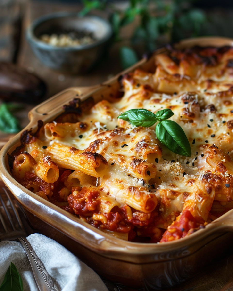 A rustic baking dish filled with vegan baked ziti layered with tomato sauce and creamy cashew cheese, garnished with basil