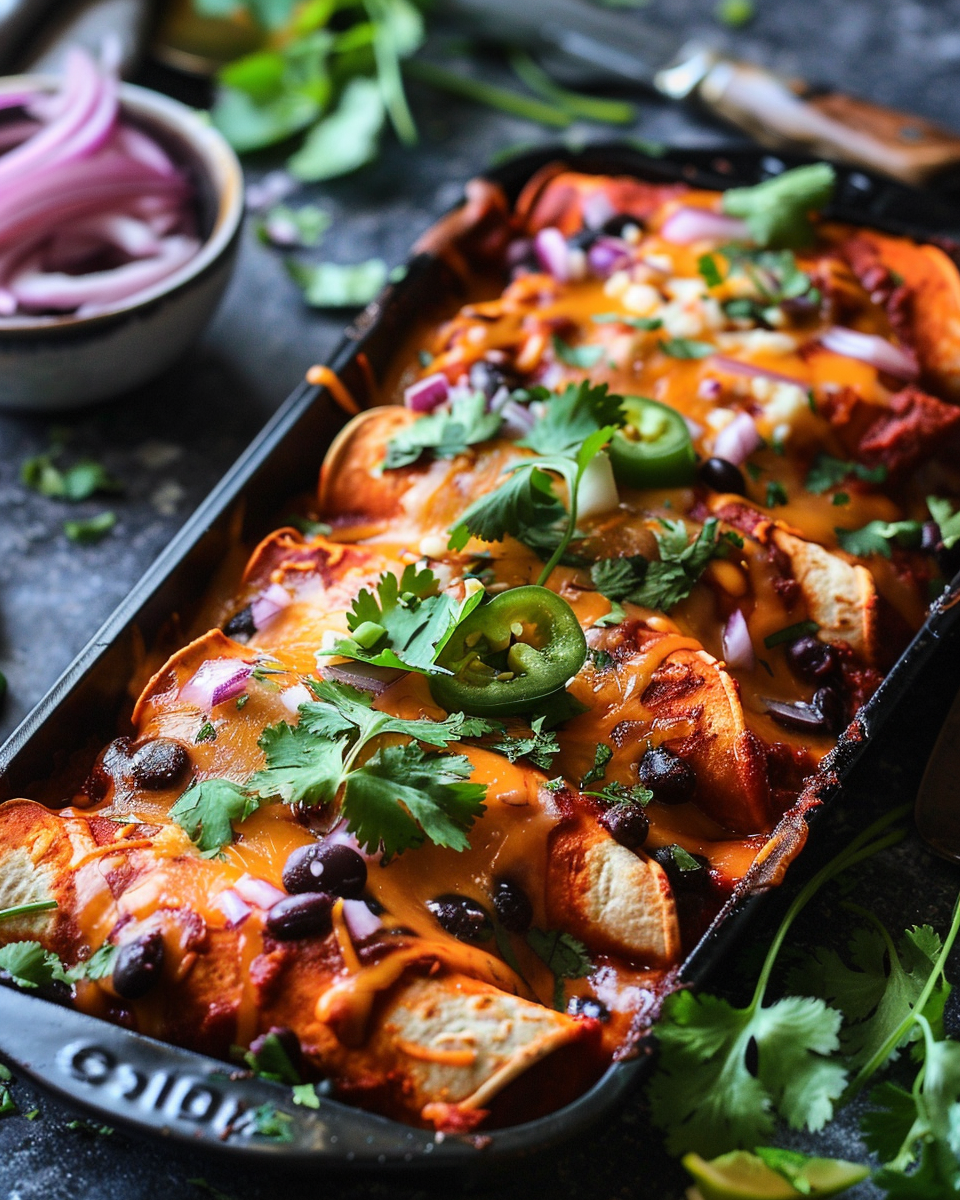 Baked enchiladas smothered in red enchilada sauce with melted vegan cheese and fresh coriander garnish