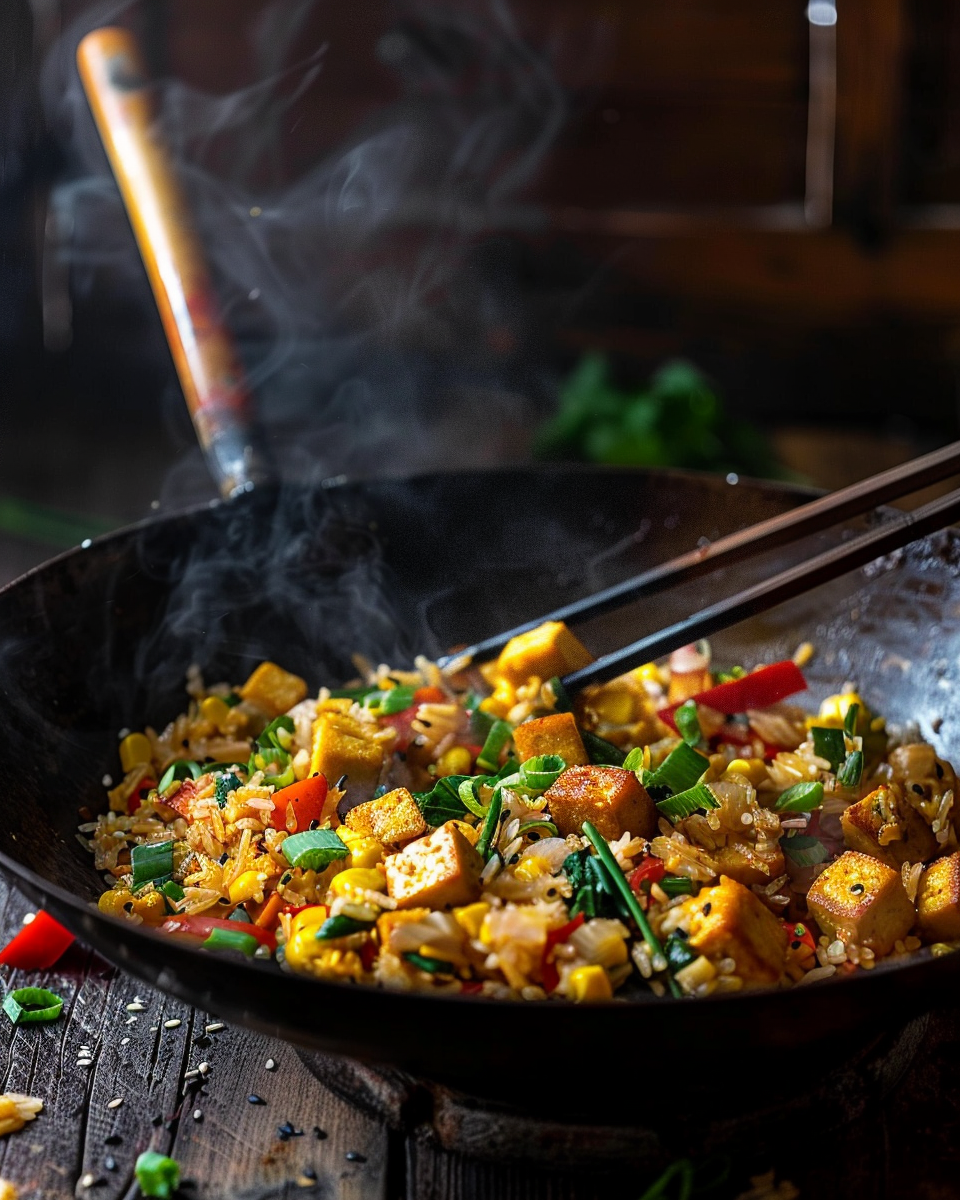 A wok filled with vegan fried rice, tofu cubes, peas, carrots, and peppers, with chopsticks on the side