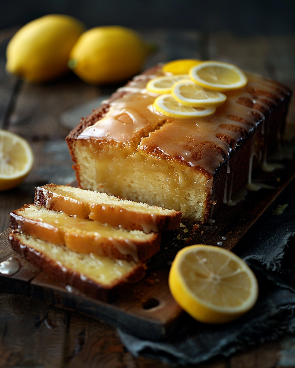 A golden loaf of vegan lemon drizzle cake topped with glossy lemon glaze and lemon slices