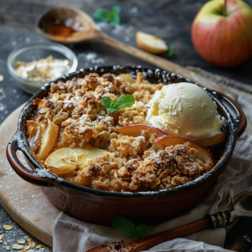 Warm vegan apple crumble in a rustic baking dish topped with golden oat crumble, served with vanilla ice cream