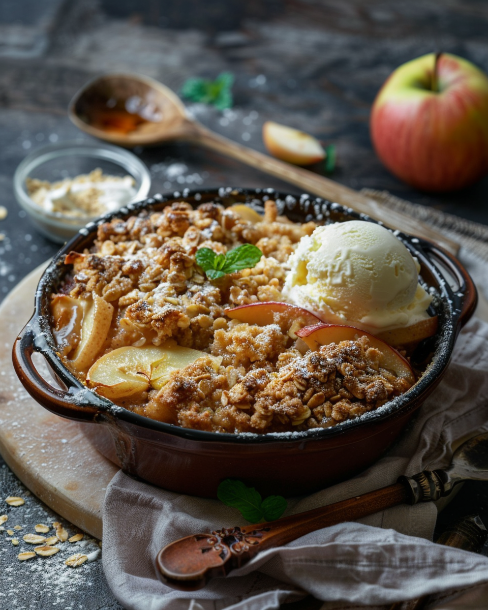 Warm vegan apple crumble in a rustic baking dish topped with golden oat crumble, served with vanilla ice cream