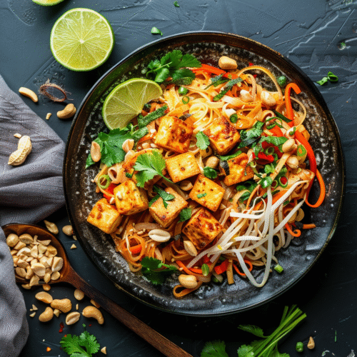 Vegan pad thai with tofu, peanuts and lime