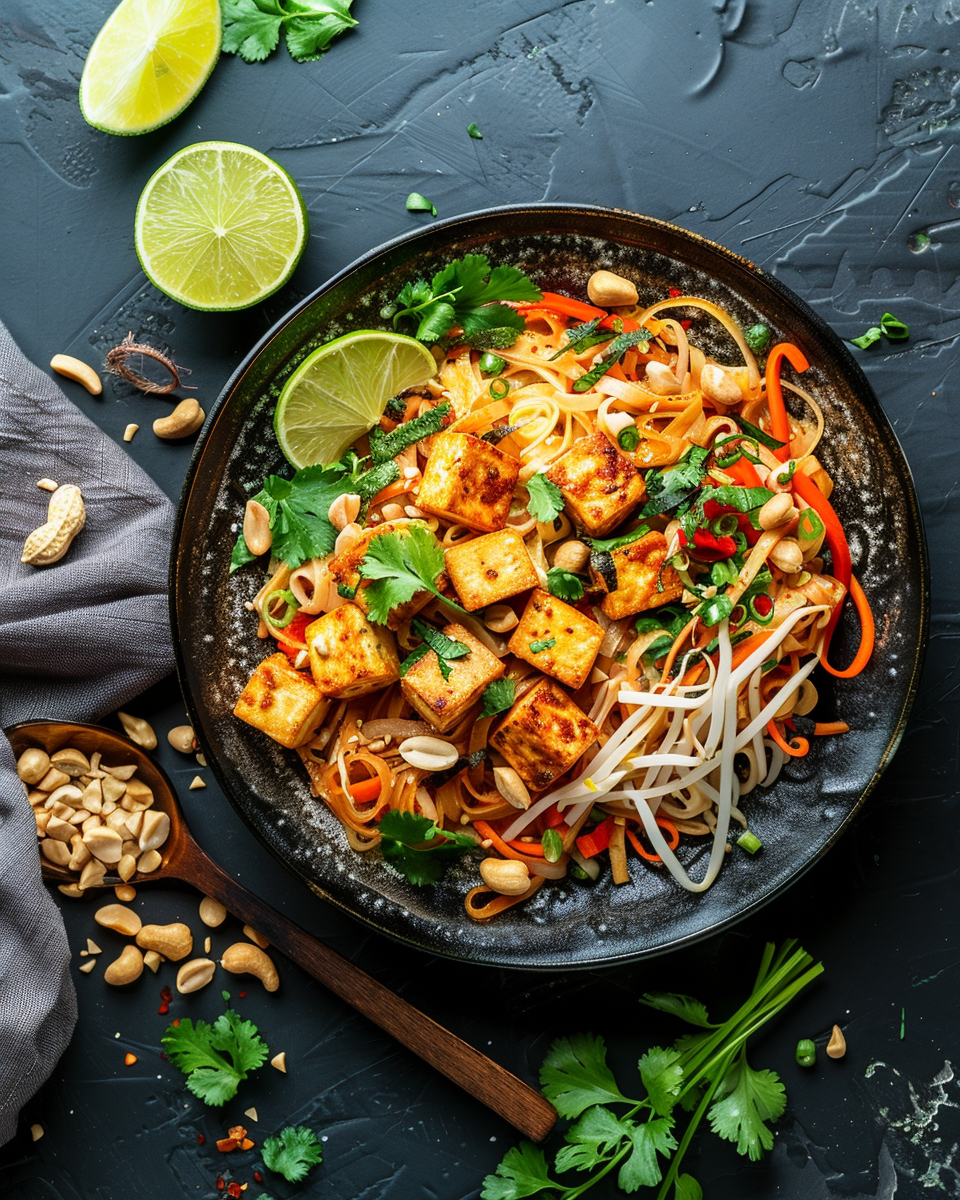 Vegan pad thai with tofu, peanuts and lime